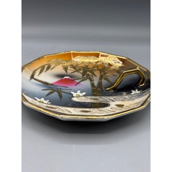 Vtg Hand Painted Japanese Porcelain Sugar Bowl Handled Saucer Set Gold Bamboo - Picture 2 of 8
